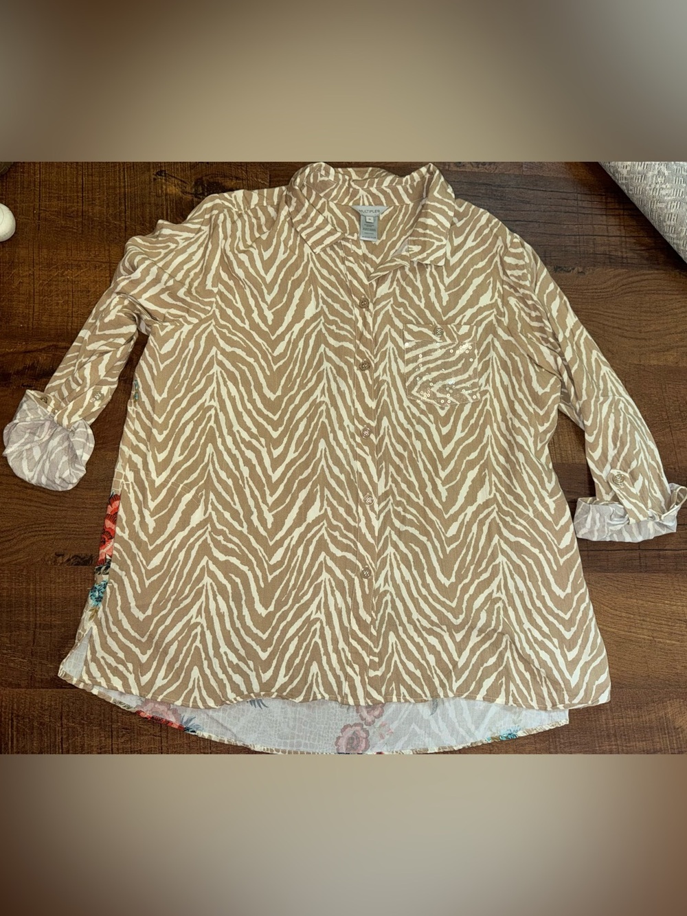 Multiples Tan & White Zebra-Print Button Down Shirt/ mixed prints 1X